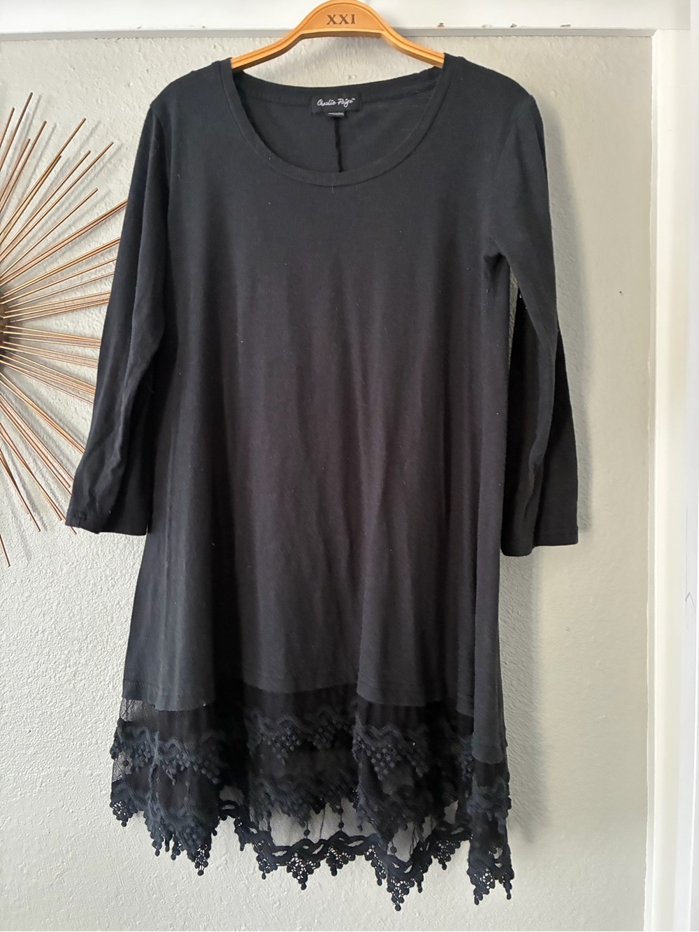 Charlie Paige Black Midi Dress with Lace Hem